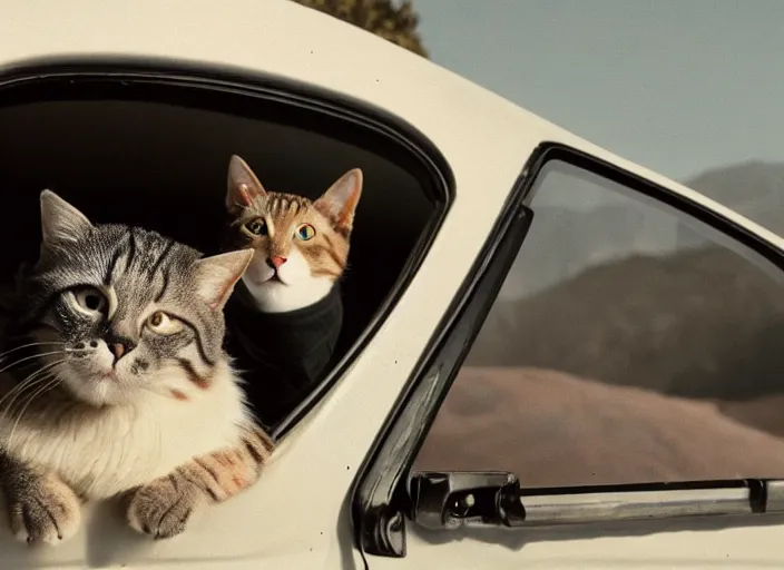 Image similar to A very high resolution image from a new movie, a cat driving a car around, inside of a car , mountains, Polaroid, directed by wes anderson