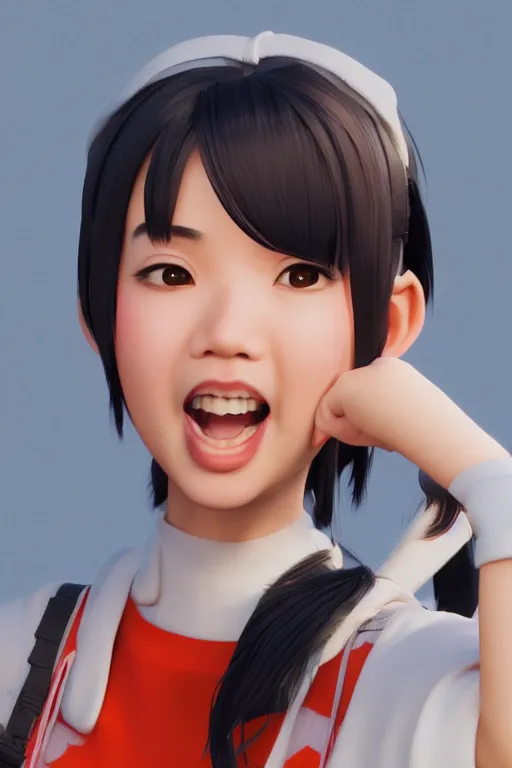 Image similar to a cute Asian girl singing, short stylish hair in the style of DreamWorks animation, mid-shot, low angle view, 16mm lens, award winning, hyper detailed, studio lighting, artstation, octane renderer, unreal engine