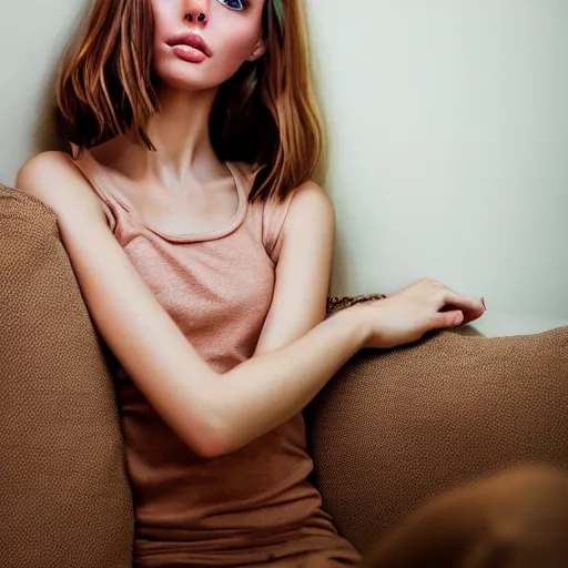 Image similar to intricate crisp portrait of a cute thin young woman, light bronze brown hair, very detailed emerald green eyes, red blush, light freckles, soft smile, casual clothes, relaxing on the couch, home interior, golden hour, close up shot, 8 k, art by irakli nadar, hyperrealism, hyperdetailed, ultra realistic