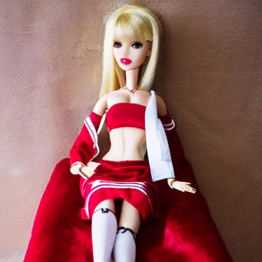 Image similar to anime barbie doll, 5 dolls, in red velvet stockings, a nurse's dress, full length, heels on her feet