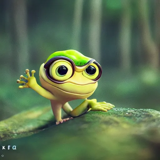 Image similar to very very very very cute chibi Pepe, portrait, pixar style, forest background, cinematic lighting, award winning creature portrait photography