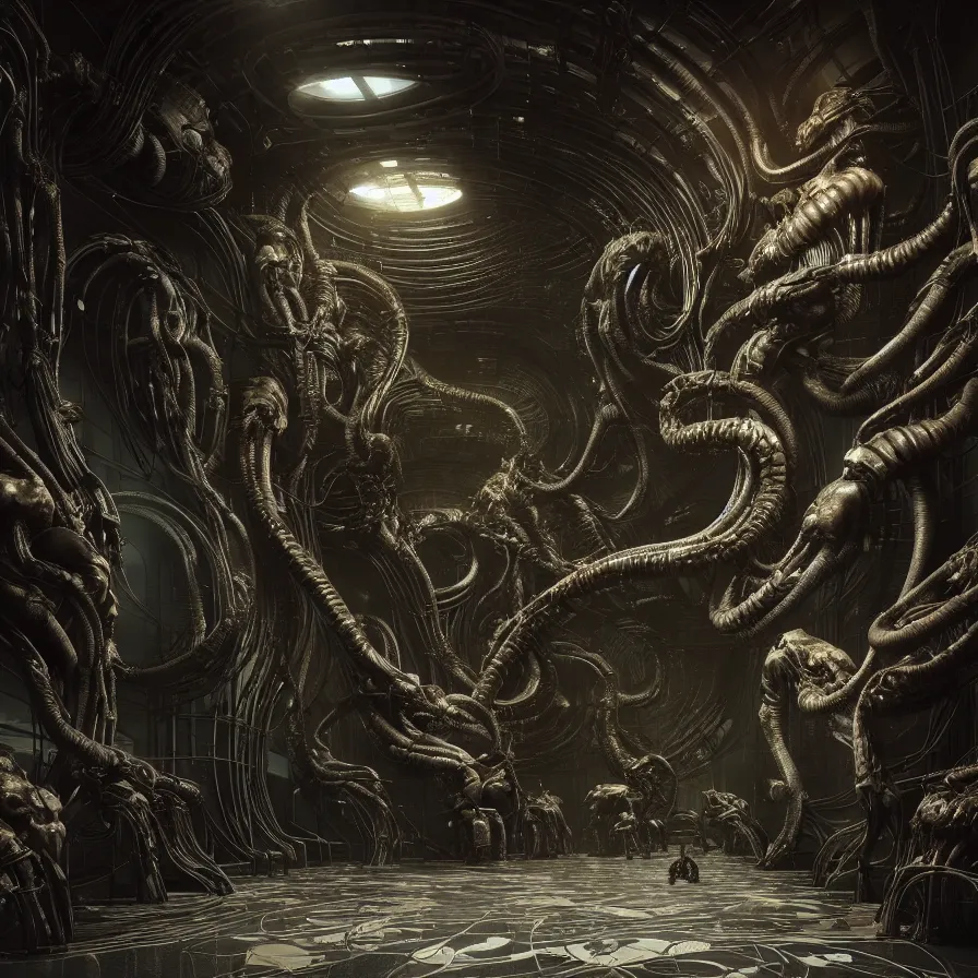 Image similar to Prometheus biological sci-fi corridor set in a nightmarish universe of odd forms and somber tapestry, humans exploring, HR Giger, featured in artstation, octane render, cinematic, elegant, intricate, 8k