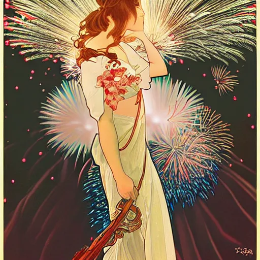 Prompt: girl watching watching fireworks on a hill, digital art, by range murata, akiyuki shinbou, alphonse mucha, highly detailed, realistic, cinematic