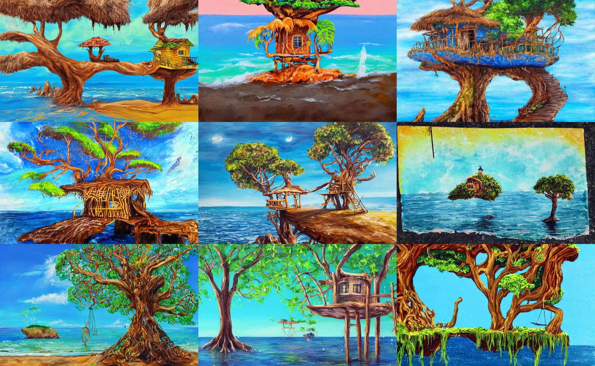 Prompt: drip painting of a mystical island treehouse on the ocean