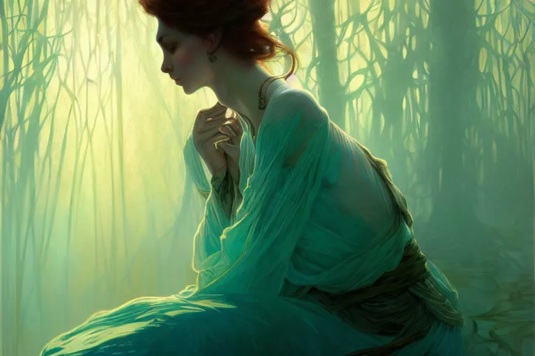 Image similar to pale teal becoming light itself, fantasy, intricate, elegant, dramatic lighting, emotionally evoking symbolic metaphor, highly detailed, lifelike, photorealistic, digital painting, artstation, concept art, smooth, sharp focus, illustration, art by Sparth and Albert Aublet and Krenz Cushart and Artem Demura and Alphonse Mucha