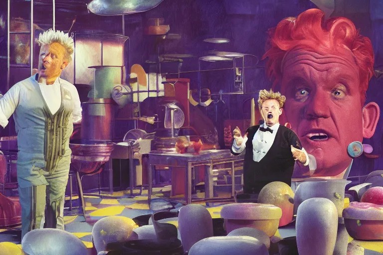 Image similar to A mixed media painting of gordon ramsay yelling at willy-wonka during a tour of the chocolate factory on kitchen nightmares, by Frank Frazetta, Greg Rutkowski, Beeple, post-processing, low angle, masterpiece, cinematic, isometric, volumetric lighting, oompa loompas in background