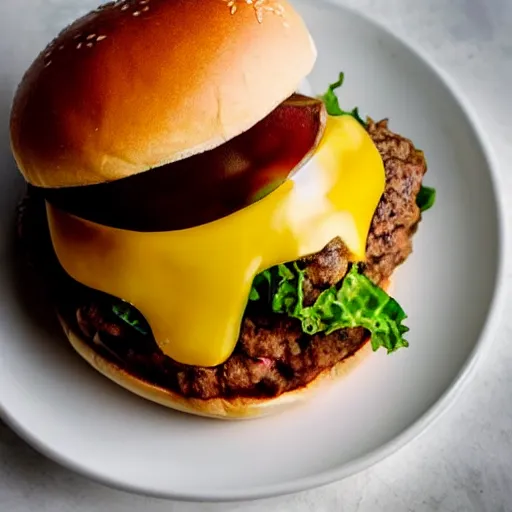 Image similar to hiqh quality photo of a cheeseburger without tomatoes on a white plate