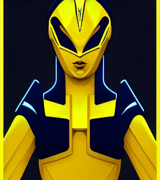 Image similar to symmetry!! yellow ranger, thunderbolt shaped viser!! solid cube of light, hard edges, product render retro - futuristic poster scifi, lasers and neon circuits, yellow ranger, intricate, elegant, highly detailed, digital painting, artstation, concept art, smooth, sharp focus, illustration, dreamlike, art by artgerm