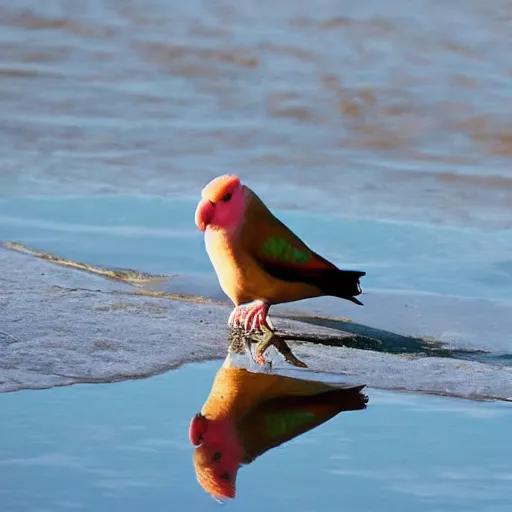 Image similar to lovebird sitting at shore, reflective, sunny day, landscape photography, nature