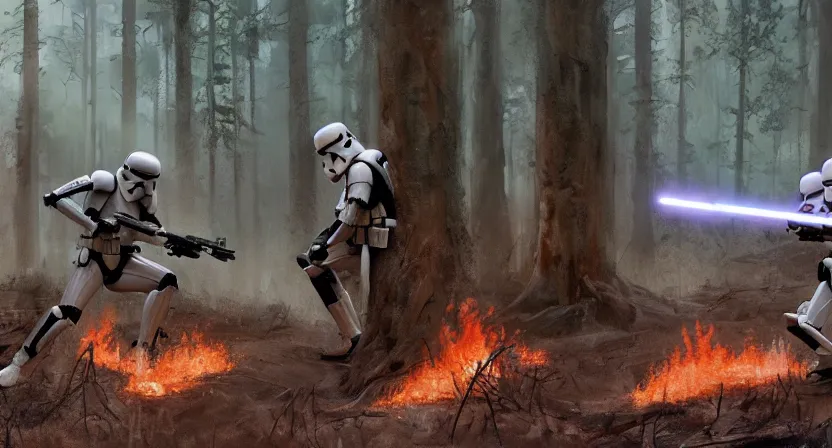 Image similar to stormtroopers shooting red blaster bolts at a young blonde jedi with short hair in a burned lifeless forest with burned trees and plants concept art by Doug Chiang cinematic, realistic painting, high definition, digital art, symmetrical, very detailed, extremely high detail, photo realistic, concept art, unreal engine 5, the Mandalorian concept art style