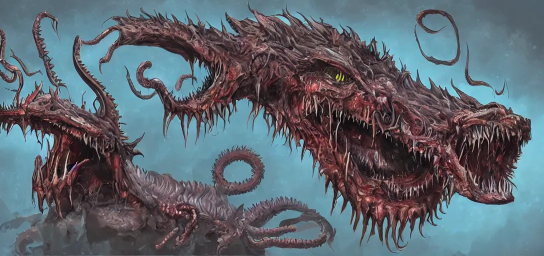 Image similar to concept art of dragon attack, lovecraftian, lots of teeth, melting horror, feathers, fighting the horrors of the unknown with laser guns