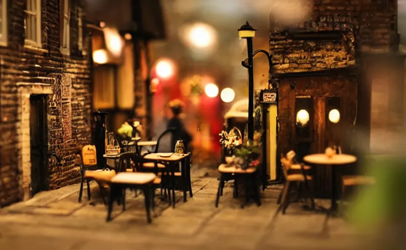 Image similar to miniature cafe nighttime diorama macro photography, cafe for mice, alleyway, ambient, atmospheric, british, bokeh, romantic