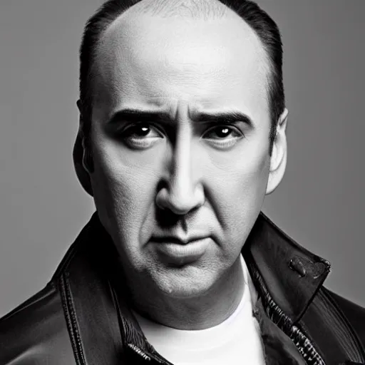 Image similar to portrait of bald nicolas cage neutral expression face straight on headshot even lighting no hair