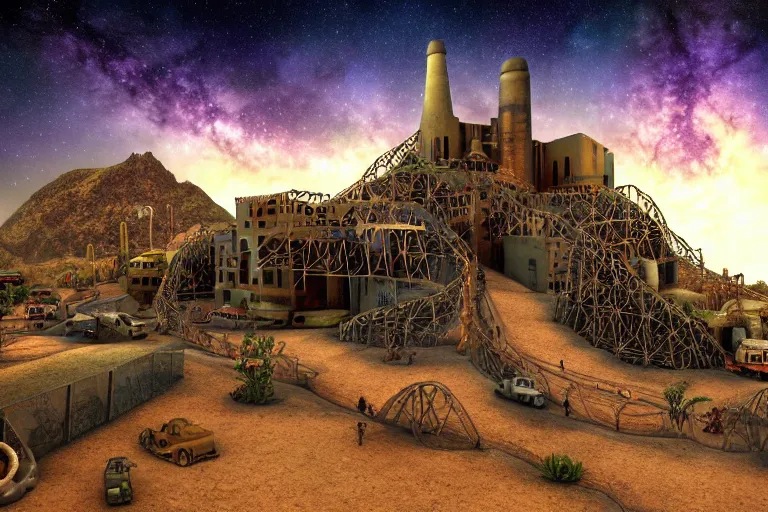 Image similar to favela coaster cathedral bunker, desert environment, industrial factory, cliffs, bright, milky way, award winning art, epic dreamlike fantasy landscape, ultra realistic,