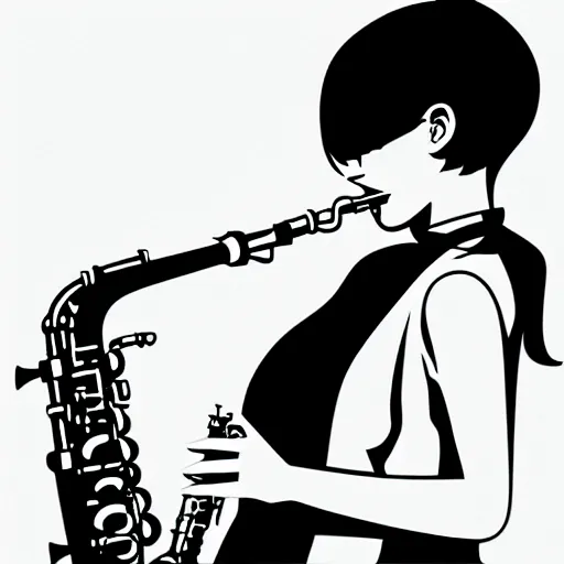 Prompt: an ink drawing of a tech punk girl playing the saxophone by ilya kuvshinov, black and white, white outline, high contrast