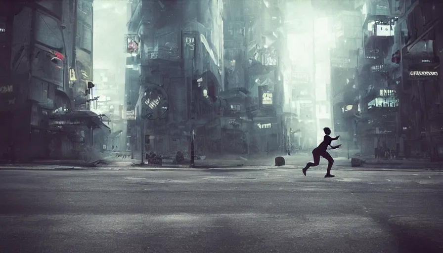 Prompt: “A derranged person running through a busy dystopian city”