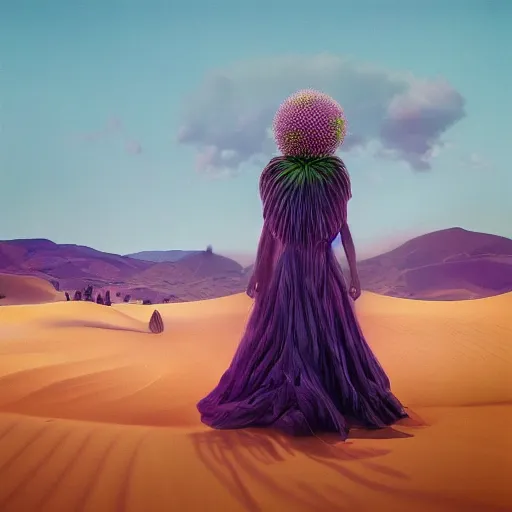 Image similar to portrait, giant purple dahlia flower head, woman between dunes, surreal photography, sunrise, blue sky, dramatic light, impressionist painting, digital painting, artstation, simon stalenhag