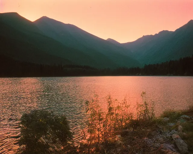 Image similar to sunset over the lake in the mountains, kodak portra 8 0 0