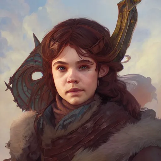 Prompt: portrait of fin wildcloak, halfling rogue hoarder, fantasy, highly detailed, digital painting, sharp focus, illustration, art by artgerm, greg rutkowski, and alphonse mucha