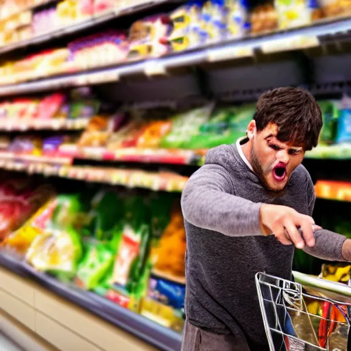 Image similar to very frustrated Poseidon annoyed and complaining with wild gestures to other customers at the supermarket, bokeh, Sigma 85mm, f/1.4