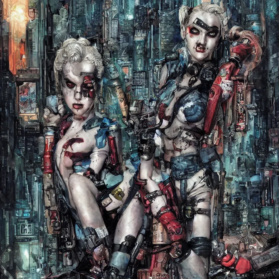 Image similar to a dream portrait of cyberpunk Harley Quinn in post apocalyptic Gotham art by Paul Dini, Travis Charest, Simon Bisley