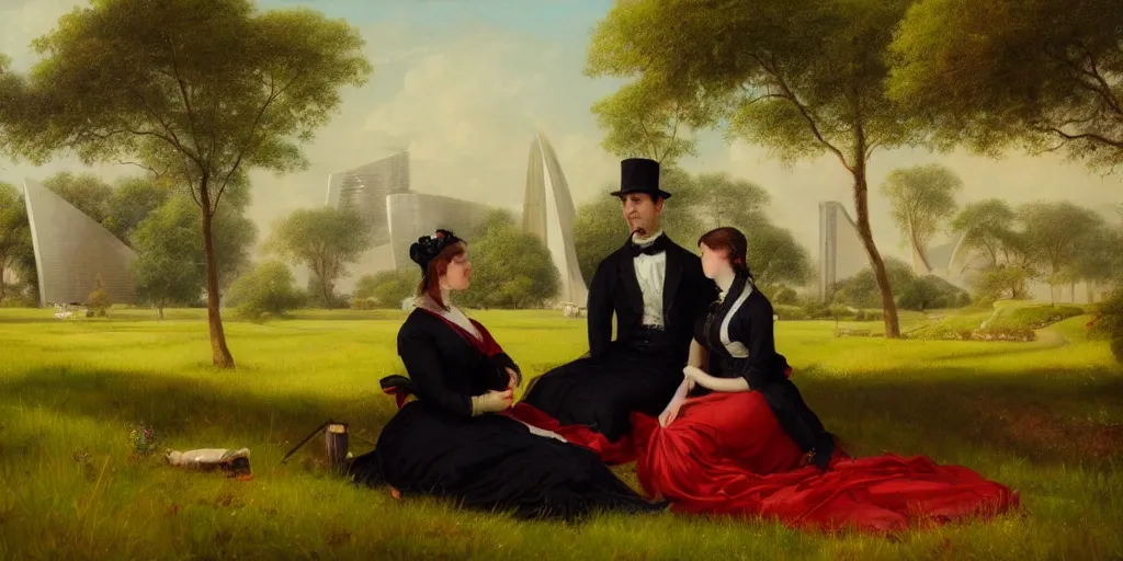 Prompt: a couple in victorian formal attire sitting in grass surrounded by huge futuristic buildings, painting in the style of hudson river school, 4 k