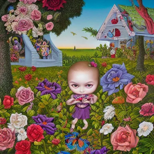 Prompt: the Garden of terrible beautiful painting by Mark Ryden and Alex Gross, Todd Schorr highly detailed