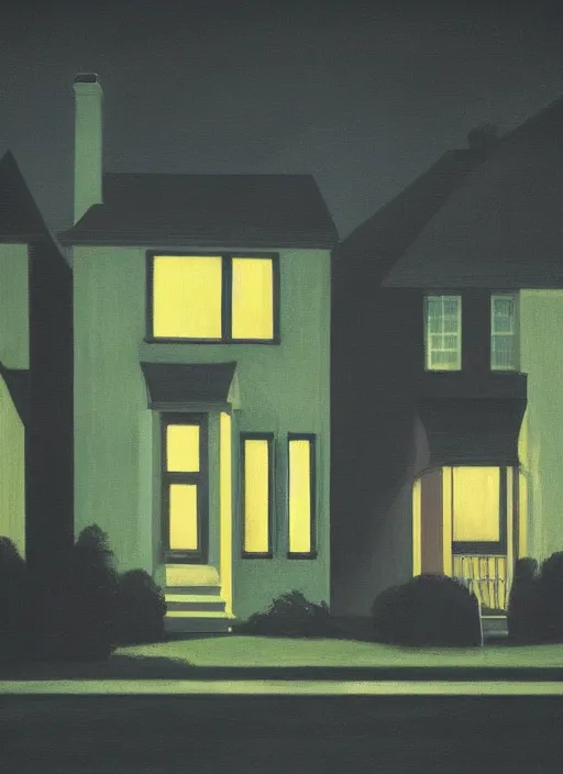 Image similar to small suburban houses in America at night by Edward Hopper, fantasy, moody lighting, dark mood, imagination, nighthawks, cinematic