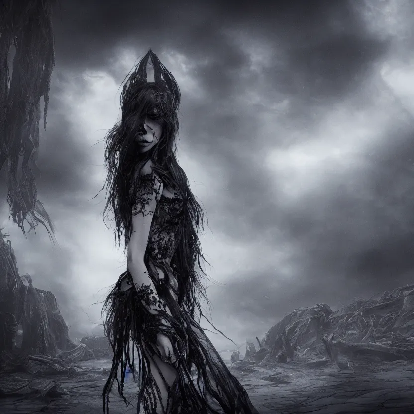 Image similar to stunning otherworldly Gothic goddess of beauty, dark and mysterious, atmospheric, ominous, eerie, cinematic, Epic, 8k, 4k, ultra detail, ultra realistic, rendered by awesomeness