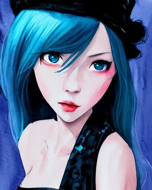 Image similar to watercolor painting of a pretty girl with Blue hair, wearing a Black lace dress, night city. In the style of ilya kuvshinov, dramatic lighting, fantasy, intricate, elegant, highly detailed, lifelike, photorealistic, digital painting, bokeh, HDR, high resolution, artstation, concept art, smooth, sharp focus, art by Krenz Cushart and Albert Aublet