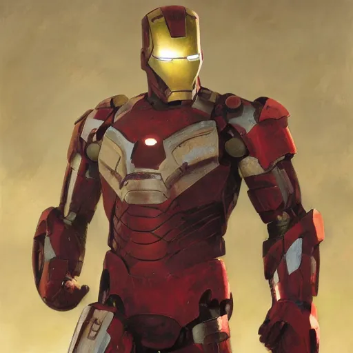 Image similar to Photorealistic oil painting of a scrap built Iron Man suit flying in a Post Apocalyptic world