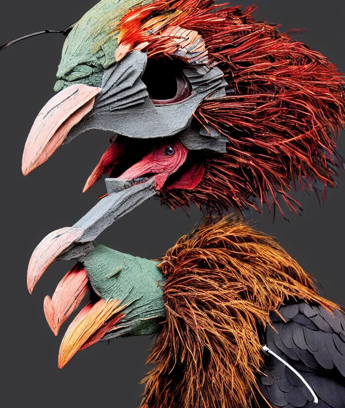 Prompt: a high resolution realistic portrait of an ork creature made of doglike birds computer merged kangaroo, strangled by electronic wires bower bird creature wrinkles pheasant, complex feathers exotic morphing hoopoe, zebra morphing wings king vulture head