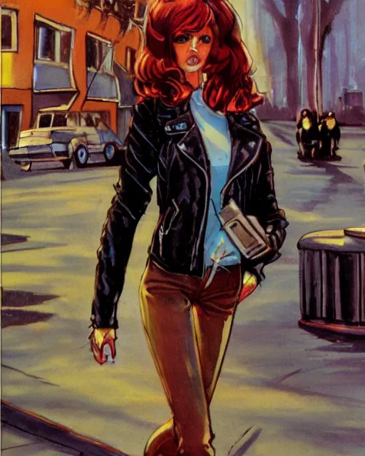 Image similar to young female protagonist in leather jacket, city street, artwork by ralph bakshi