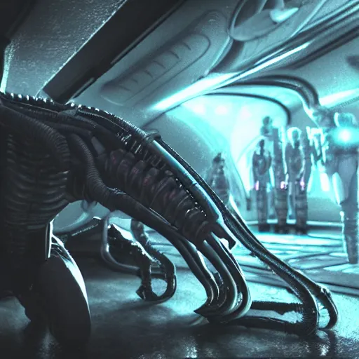 Image similar to alien xenomorph flashed by light, found footage, spaceship mess hall, photorealistic