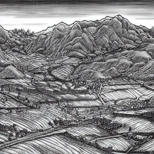 Prompt: Fields and mountains by Kentaro Miura, highly detailed, black and white