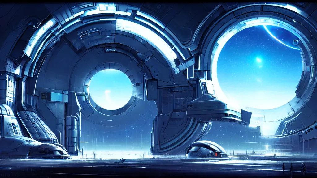 Prompt: spaceport at the other end of the universe, metal framed portal, sharp digital painting. retrofuturism. hyperrealistic. concept art. artstation. akihiko yoshida jim burns. brian sum. wormhole. spacetime.