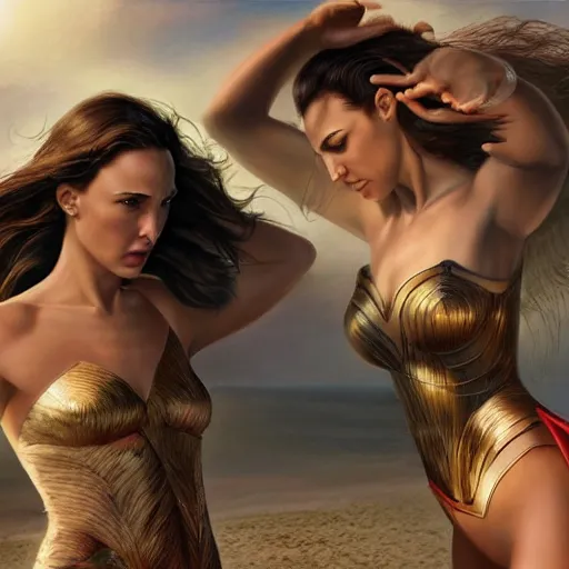 Prompt: Natalie Portman and gal Gadot at the beach, Joe Jusko, 8k photography, frank Frazetta, trending on artstation