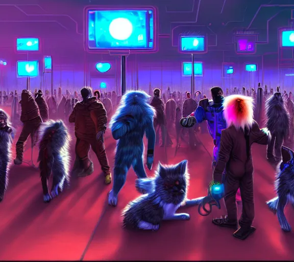 Image similar to high - resolution photograph from a cyberpunk era furry fandom convention ( midwest furfest 2 0 4 7 ), taking place after the genetic revolution and quantum singularity. photorealistic.