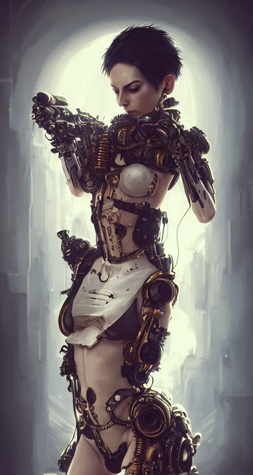 Image similar to soft lustrous ivory ebony biotech raver gutter punk gothic steampunk cyborg, golden ratio, details, scifi, fantasy, cyberpunk, intricate, decadent, highly detailed, digital painting, octane render, artstation, concept art, smooth, sharp focus, illustration, art by artgerm, loish, wlop