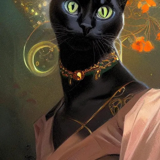 Prompt: small black cat with big green eyes, intricate, elegant, highly detailed, digital painting, artstation, concept art, matte, sharp focus, illustration, art by Artgerm and Greg Rutkowski and Alphonse Mucha