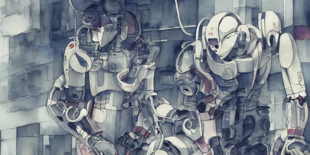 Prompt: watercolour painting of a broken robot repairing itself, anime, pencil lines, light watercolour, pale sky, beautiful artwork, anime screenshot, akihabara