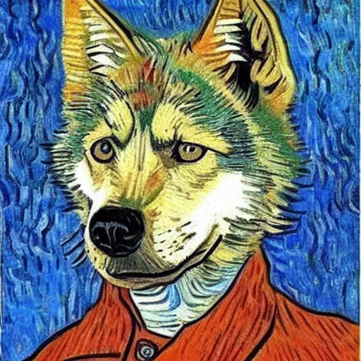 Prompt: retarded wolf portrait, van gogh