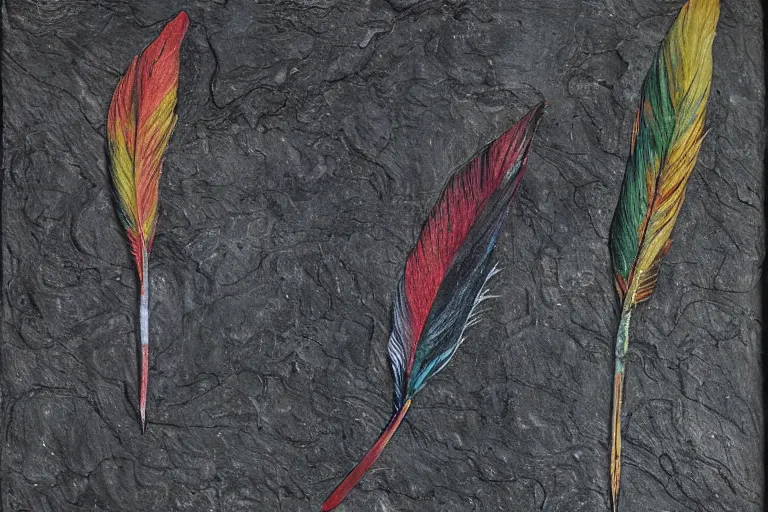 Image similar to 'The color of a River Feather' Mixed Media on Slate, private collection, masterpiece