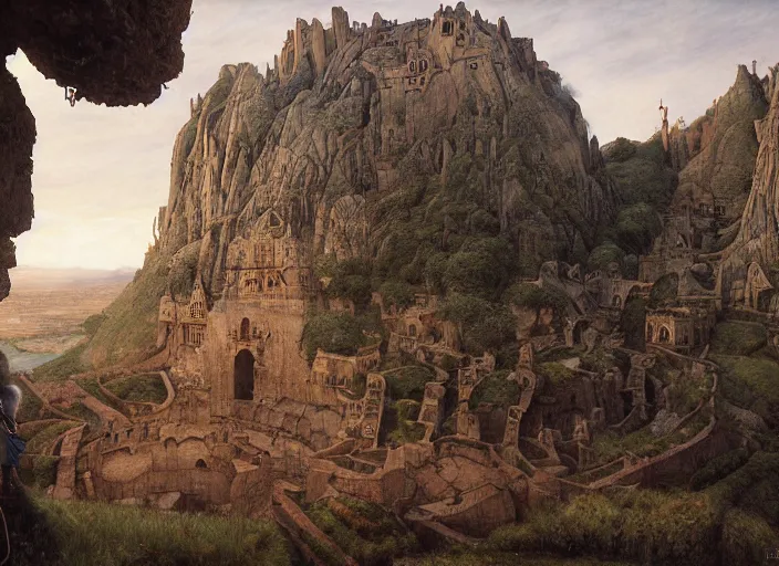 Prompt: jim henson's labyrinth at dawn. the maze of stone corridors is spread out over the hills surrounding the goblin king's castle by edgar maxence and caravaggio and michael whelan and delacroix style, artistic, intricate painting, cinematic lighting, hyper realistic, extremely detailed, establishing shot, 8 k resolution, dramatic lighting