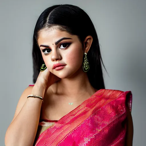 Prompt: Portrait of selena gomez wearing assamese bihu mekhela sleeveless silk saree, face by Artgerm, XF IQ4, 250MP, 50mm, F1.4, ISO 200, 1/250s, natural light, Adobe Lightroom, photolab, Affinity Photo, PhotoDirector 365, model photography by Steve McCurry in the style of Annie Leibovitz, intricate, elegant, highly detailed,sharp focus