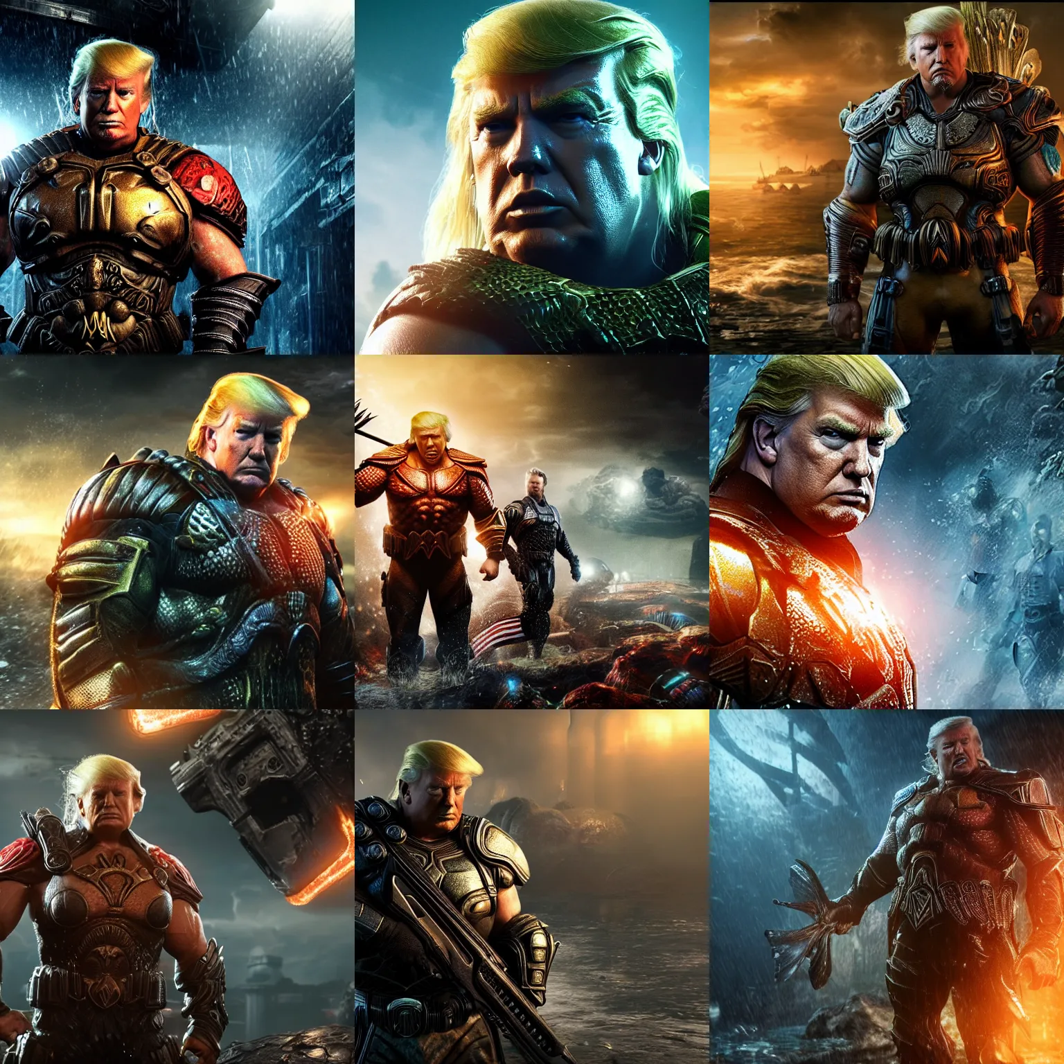 Prompt: Portrait! of President Donald Trump as aquaman in Gears of War, splash art, movie still, cinematic lighting, dramatic, octane render, long lens, shallow depth of field, bokeh, anamorphic lens flare, 8k, hyper detailed, 35mm film grain