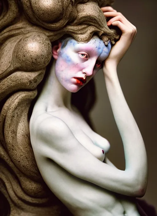 Image similar to cinestill 5 0 d photo portrait of a beautiful hybrid woman in style of tim walker by roberto ferri, weird marble body intricate detailed, hair is intricate gnarled ornament, 5 0 mm lens, f 1. 4, sharp focus, ethereal, emotionally evoking, head in focus, bokeh volumetric lighting, tonal colors outdoor