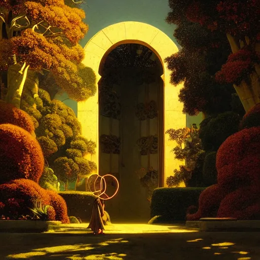 Image similar to a portal to another world glowing with magic. detailed. rule of thirds. intricate. sharp focus. wide angle. unreal engine 8 k. painting by maxfield parrish. wlop. greg rutkowski.