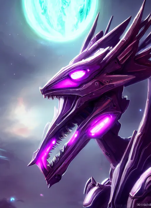 Image similar to cinematic goddess close shot, beautiful stunning anthropomorphic robot mecha female dragon, detailed maw, metal ears, led purple eyes, smooth fuschia skin, smooth silver armor, floating in space, holding a galaxy, epic proportions, epic size, epic detail, furry art, dragon art, giantess art, warframe fanart, furaffinity, octane