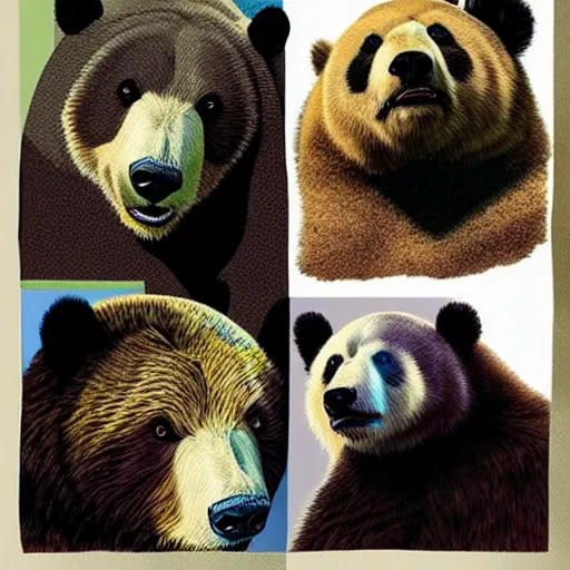 Image similar to pop art headshots of a grizzly bear and a panda bear kissing.